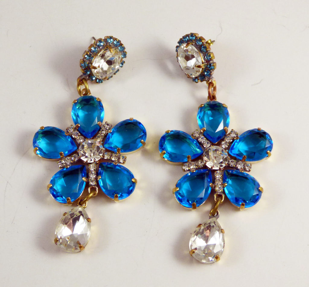 Blue Flower Dangle Czech Glass Pierced Style Earrings