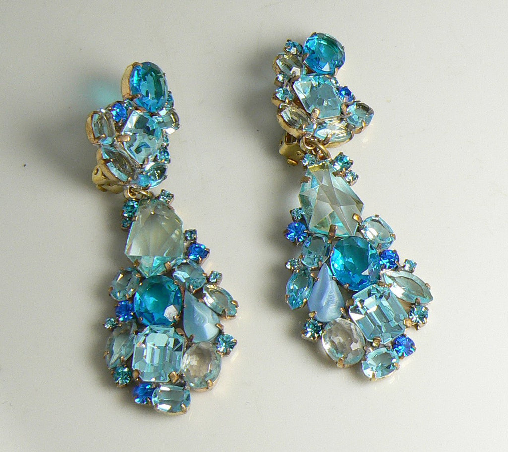 Czech Glass Dangling Clip Earrings Shades of Light Blue - Vintage Lane Jewelry