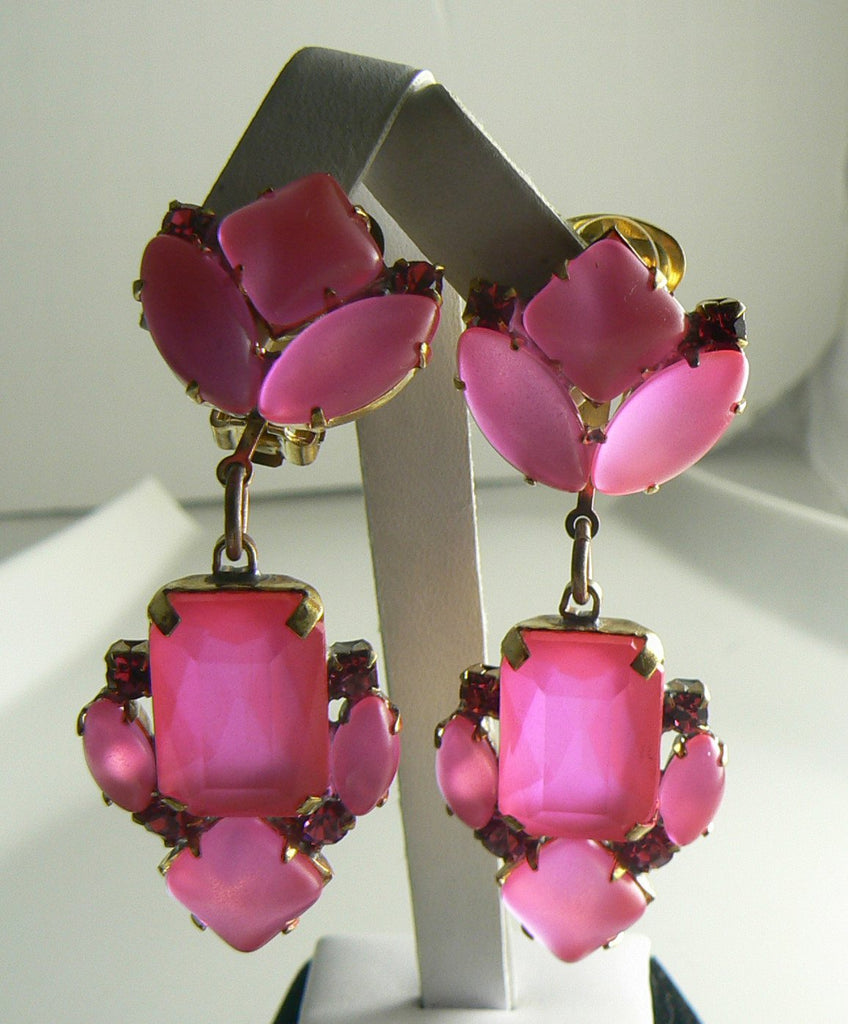Czech Neon Pink Clip Earrings