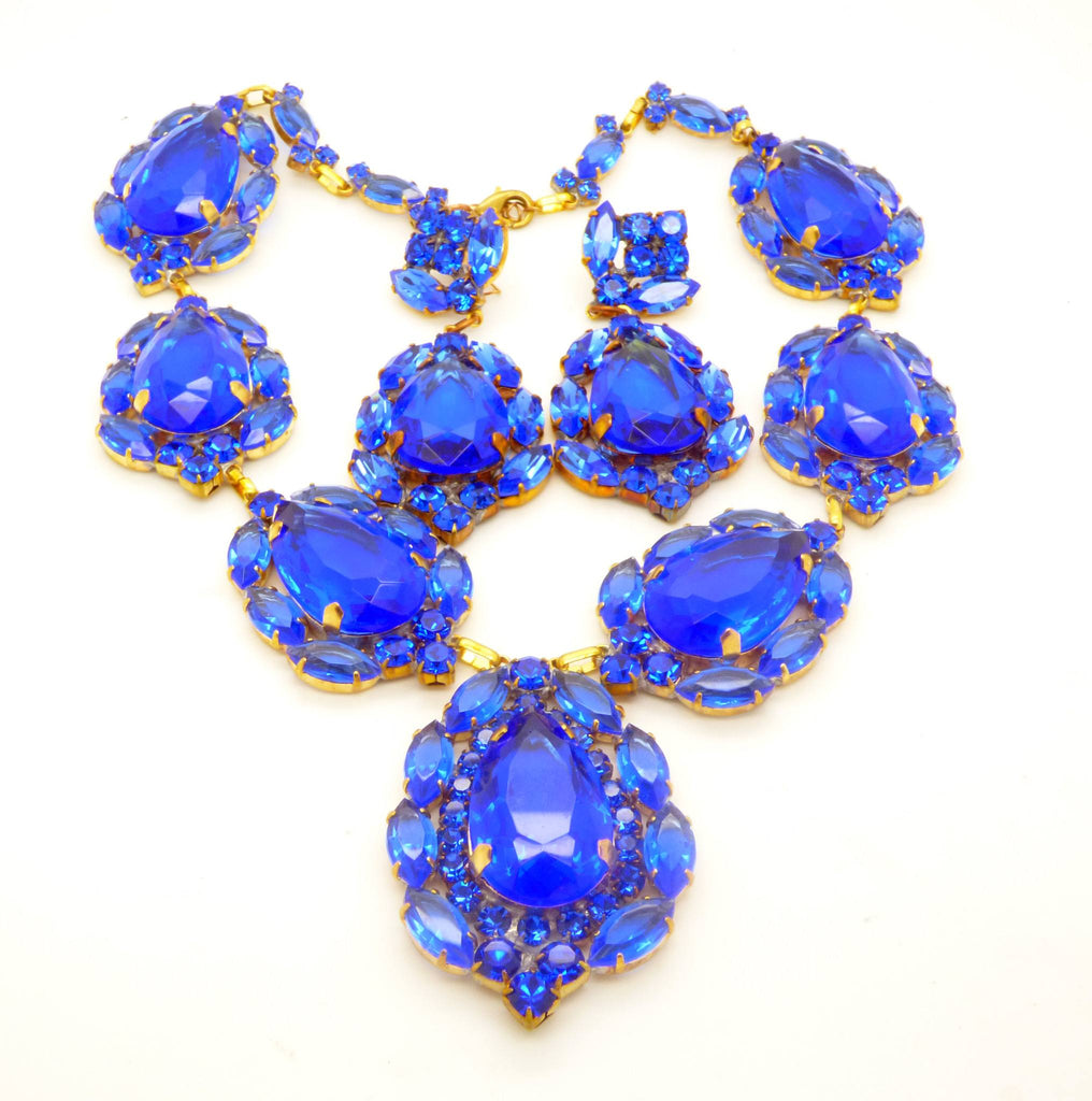 Huge Vivid Sapphire Blue Czech Glass Statement Necklace and matching pierced style earrings