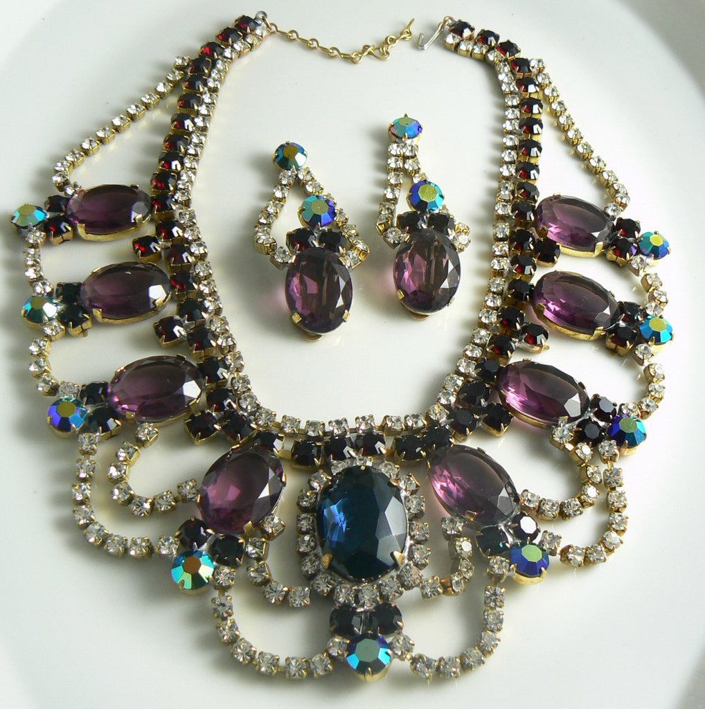 Czech Glass Statement Amethyst Necklace Earrings