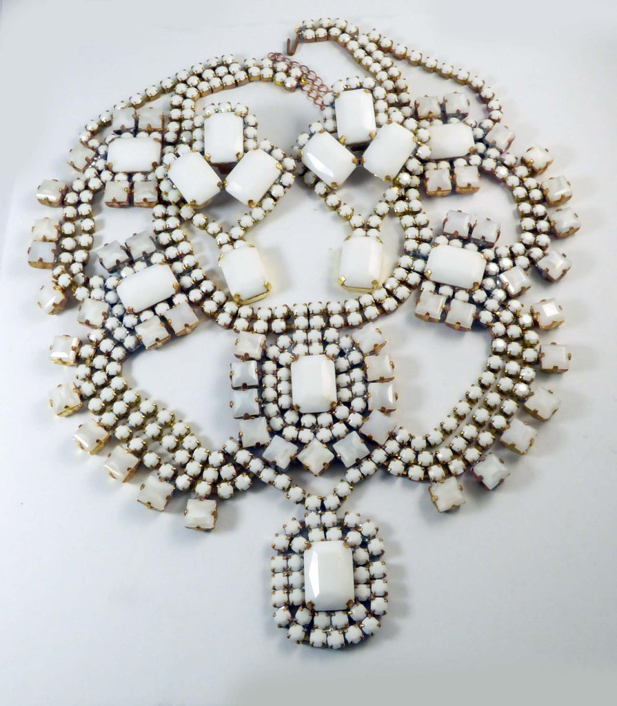 Czech Glass Bold Milk Glass Necklace with Matching Clip Earrings, Wedding Set, Bridal Jewelry