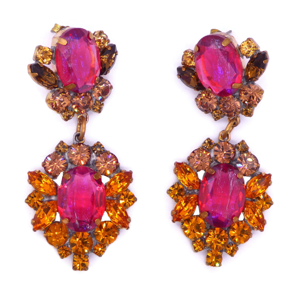 Czech Glass Topaz and Hot Pink Pierced Earrings
