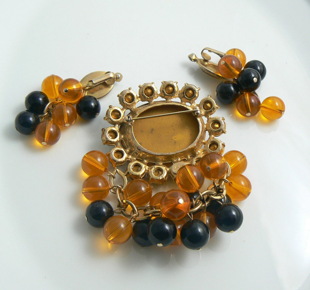 Alice Caviness Dangling Amber, Black Bead Rhinestone Demi Parure - Vintage Lane Jewelry