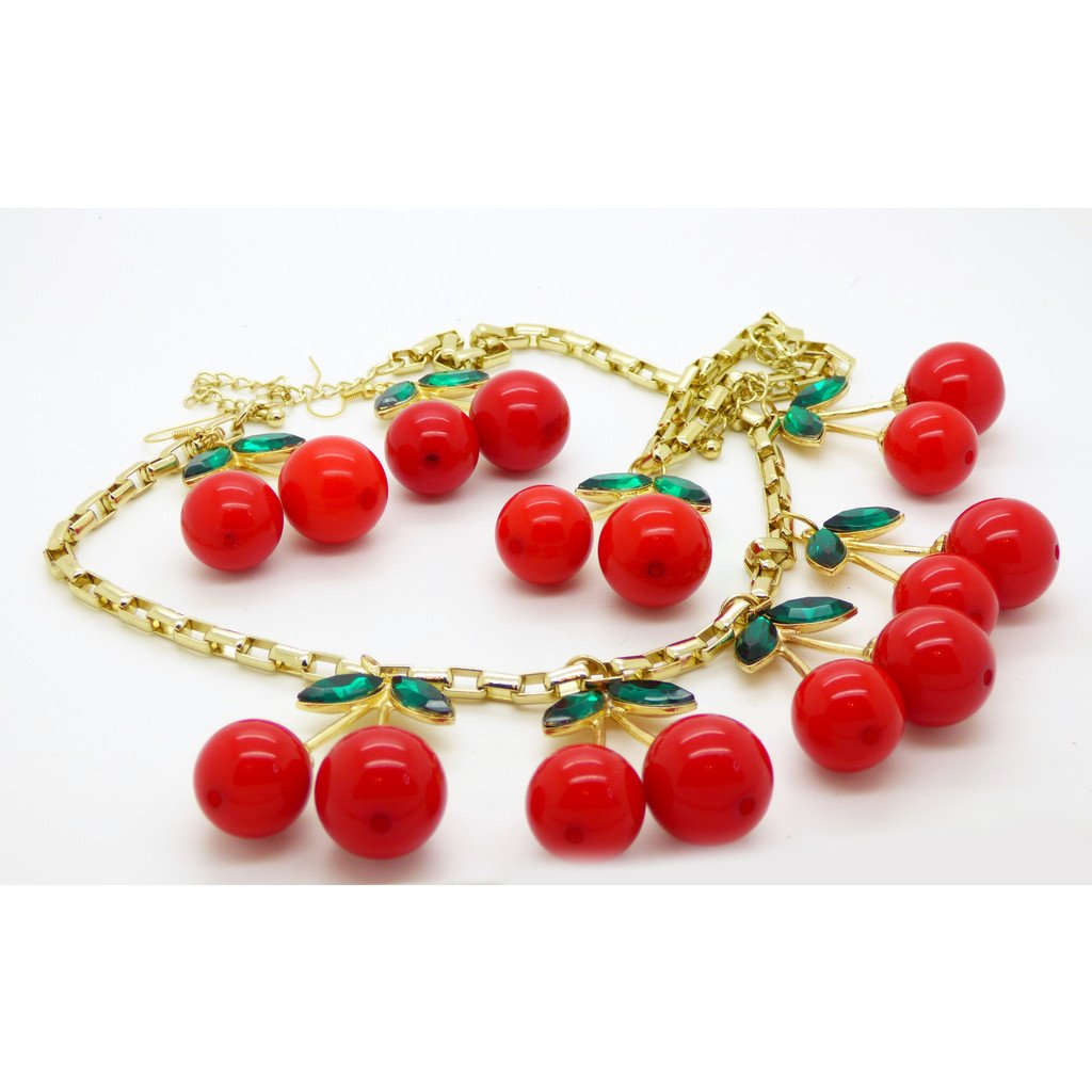 Red Cherries Parure Bib Fringe Necklace, Bracelet and Earrings, Lucite Cherries and Green Rhinestones