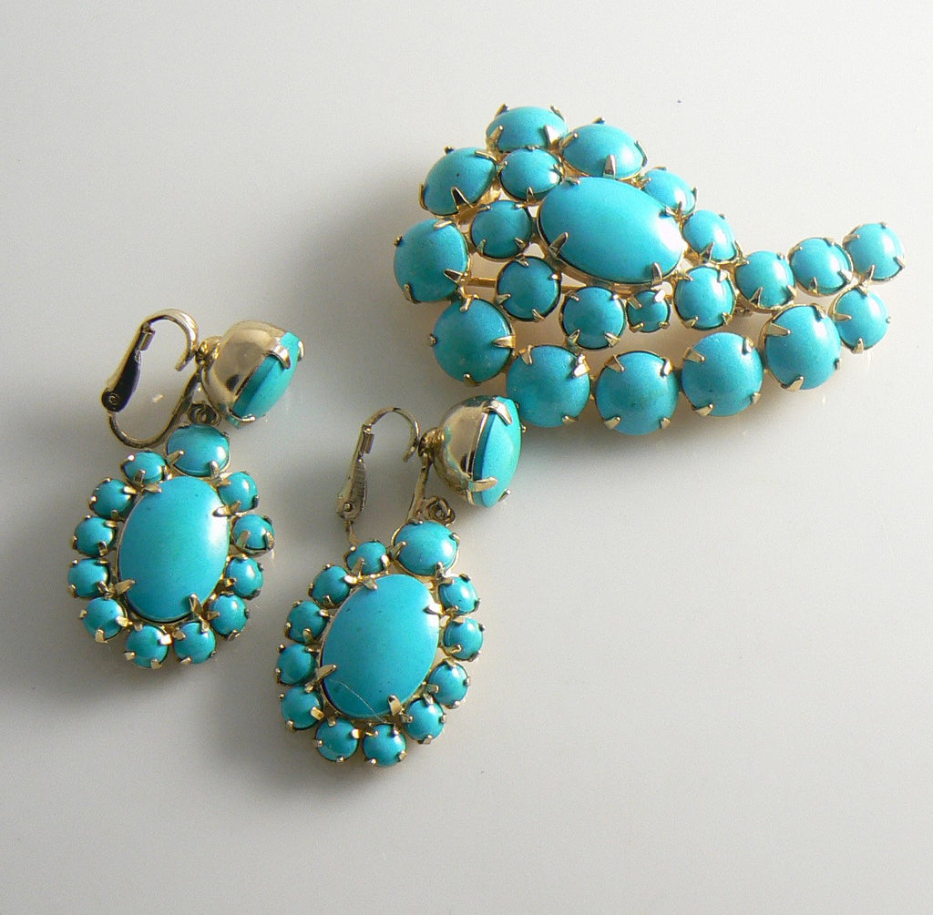 Hattie Carnegie Pin And Earrings Turquoise Blue Cabochons