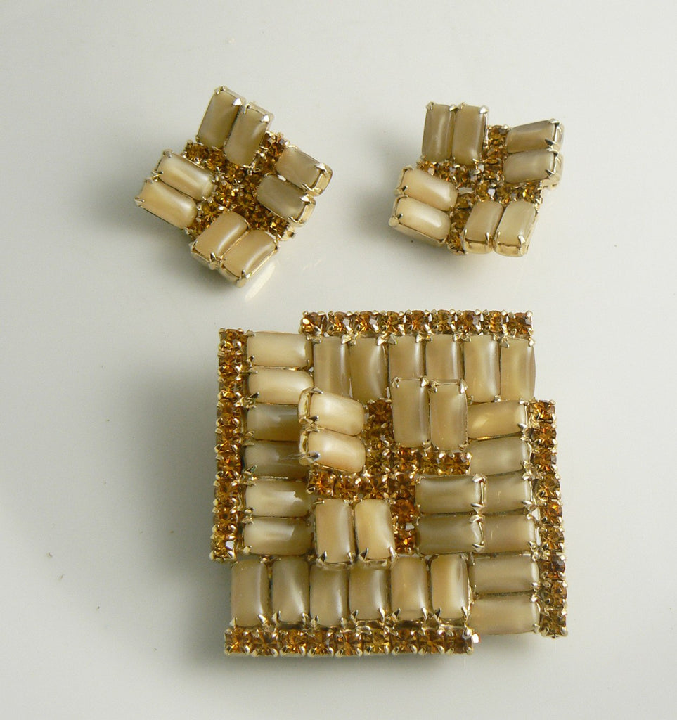Large Square Taupe Moonstone and Yellow Rhinestone Demi Parure