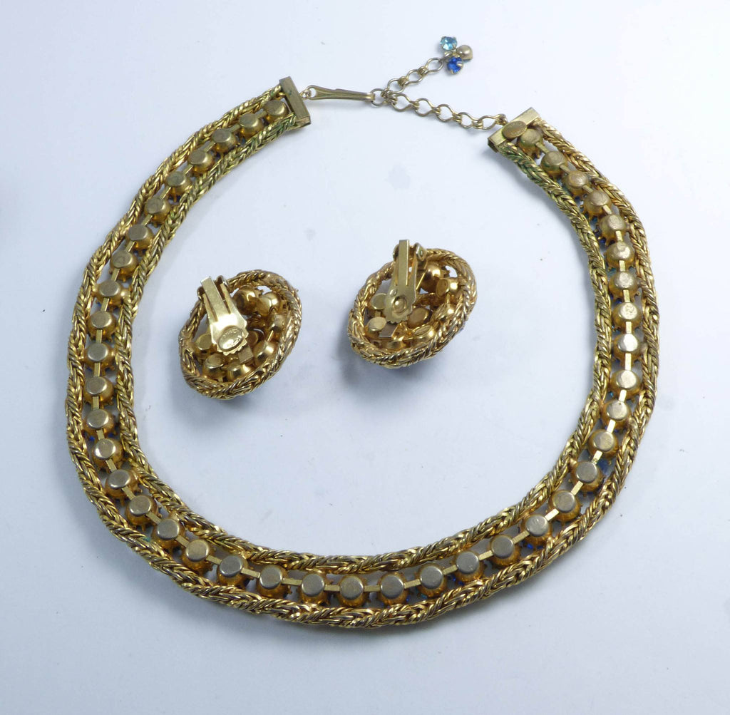 Hattie Carnegie Blue Rhinestone Gold Mesh Necklace Clip Earrings Set - Vintage Lane Jewelry