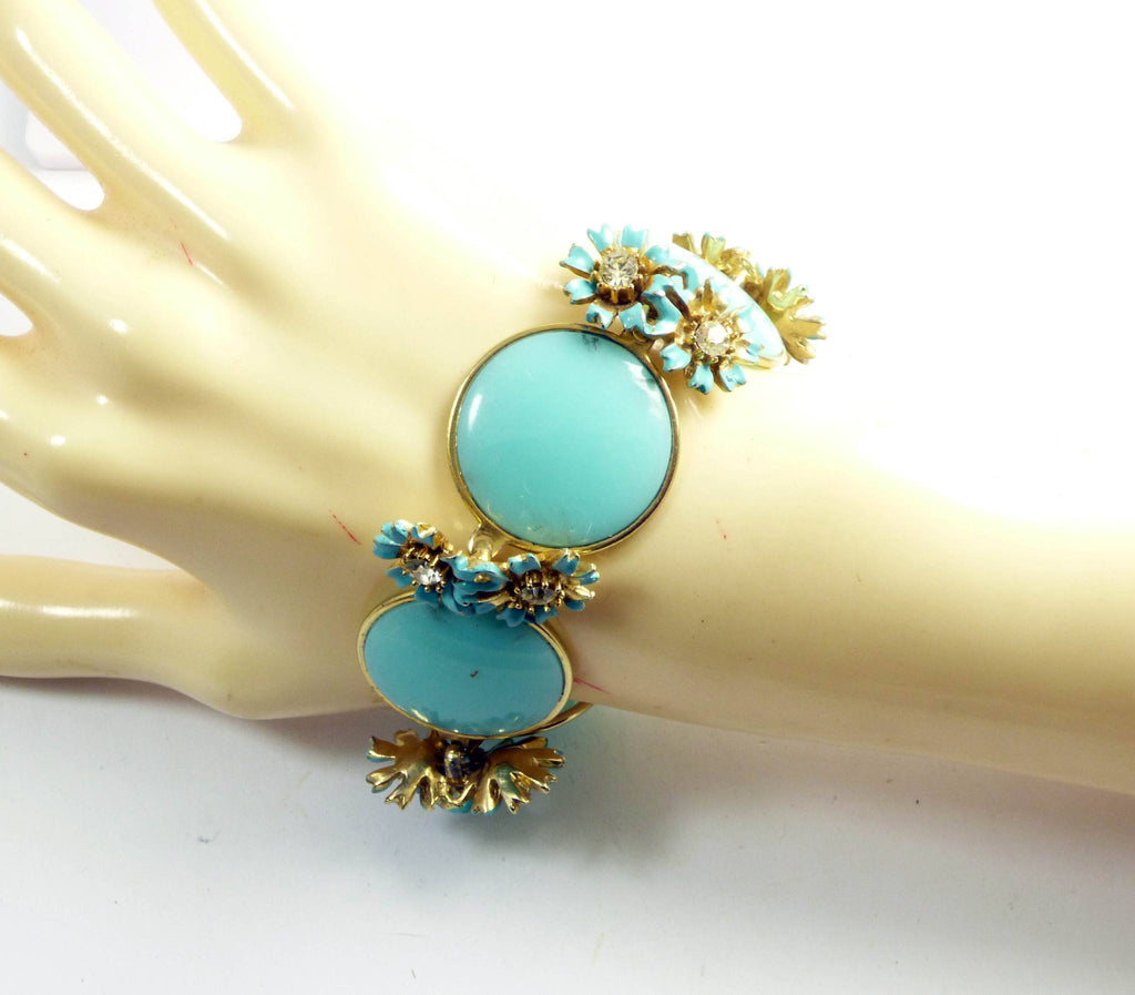 Blue Bead Enamel and Rhinestone Flowers Necklace Bracelet Earring Set - Vintage Lane Jewelry