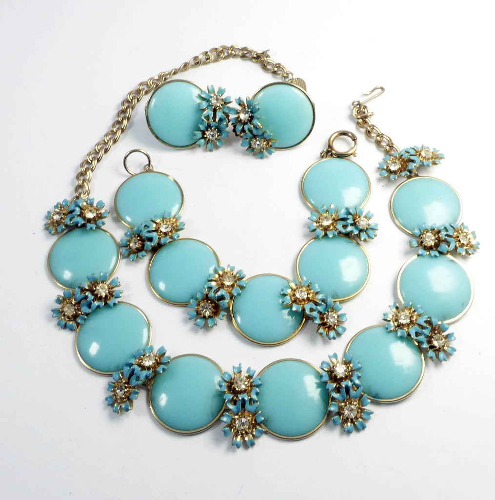 Blue Bead Enamel and Rhinestone Flowers Necklace Bracelet Earring Set