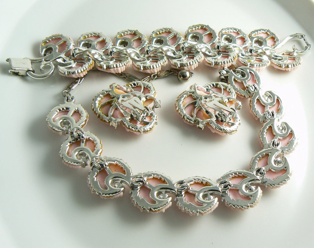 LISNER Pink Thermoset Rhinestone Swirl Feather Set - Vintage Lane Jewelry