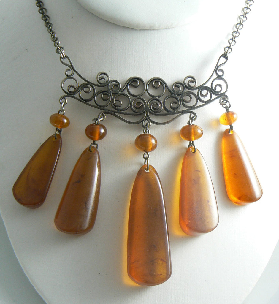 Amber Colored Lucite Dangle Filigree Necklace - Vintage Lane Jewelry