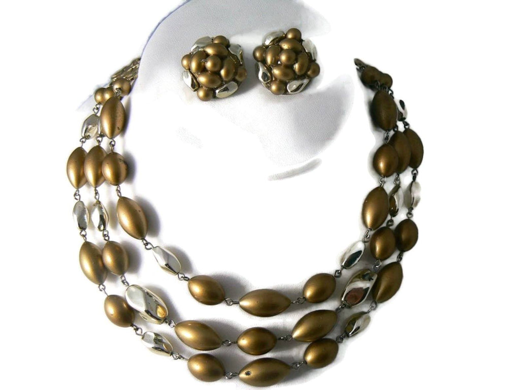 Vintage Brown Faux Pearl Necklace Earrings