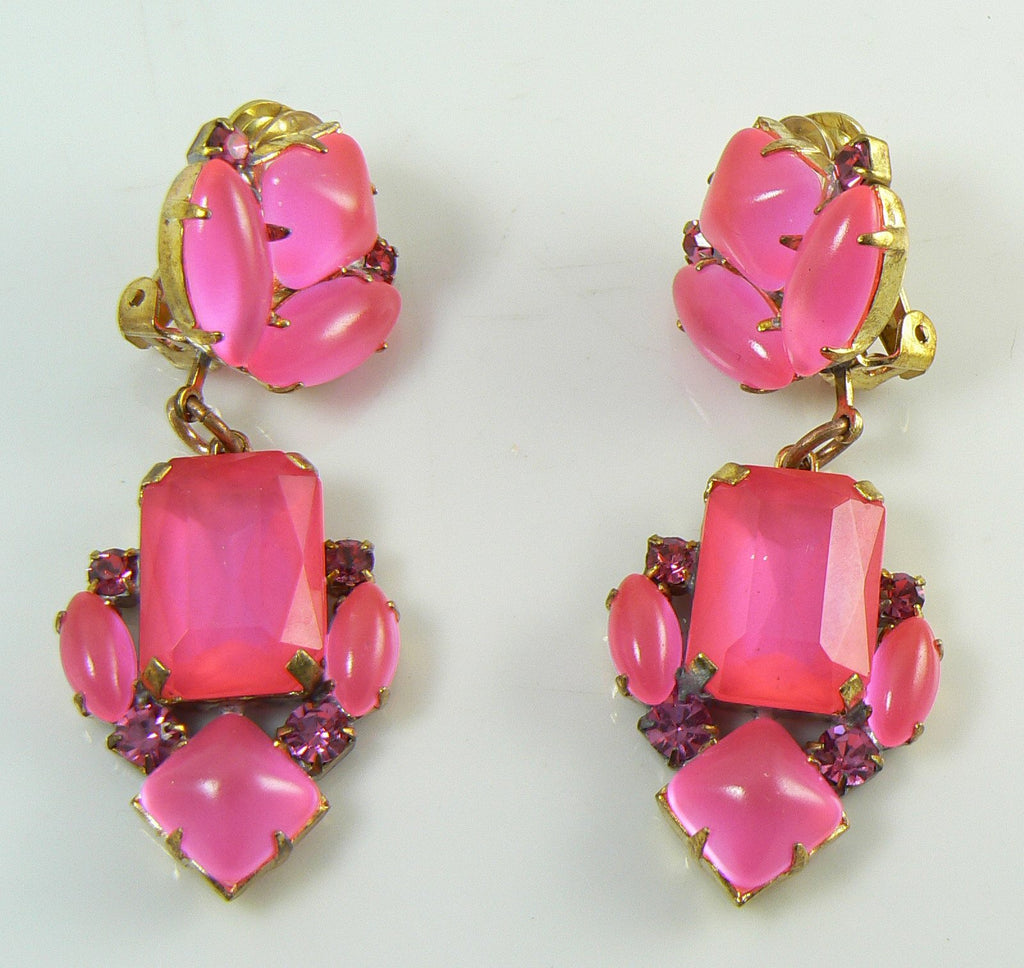 Czech Neon Pink Clip Earrings
