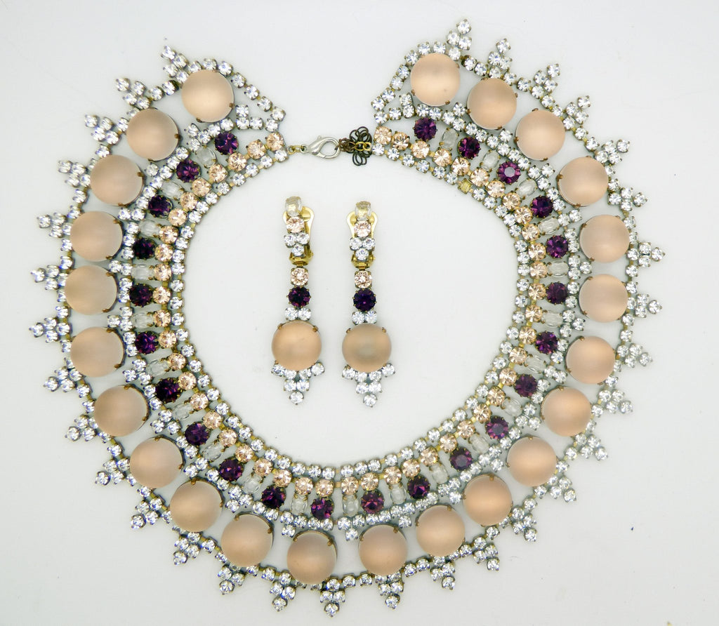 Czech Glass Peach Cabochon Purple and Peach Rhinestone Bib Necklace with Clip Earrings,