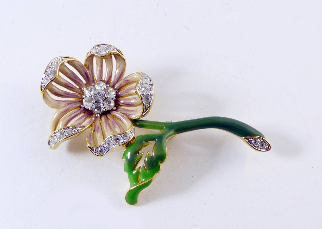 Vintage Peach Lilac Enamel Rhinestone Flower Brooch Nolan Miller