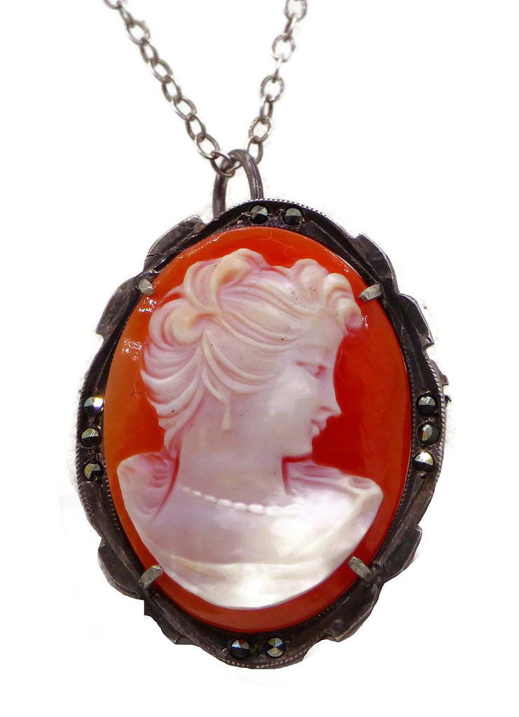 Art Deco Shell Cameo Sterling Brooch Necklace