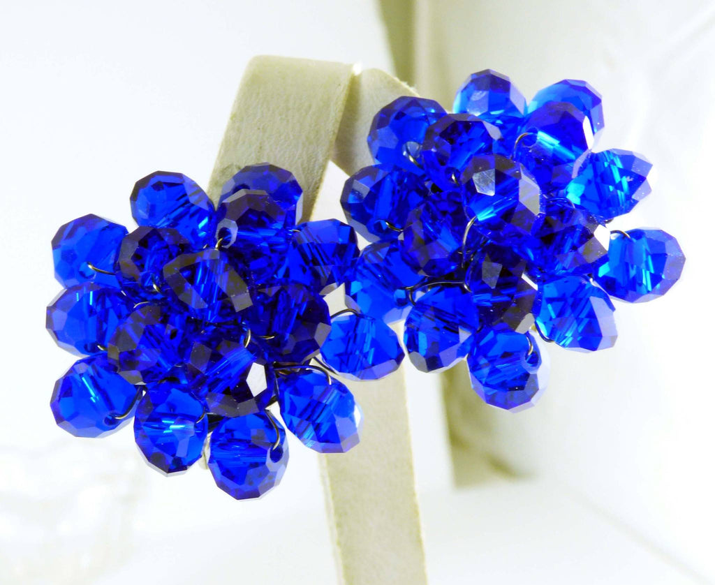 Vivid Blue Glass Hand Wired Cluster Clip Earrings