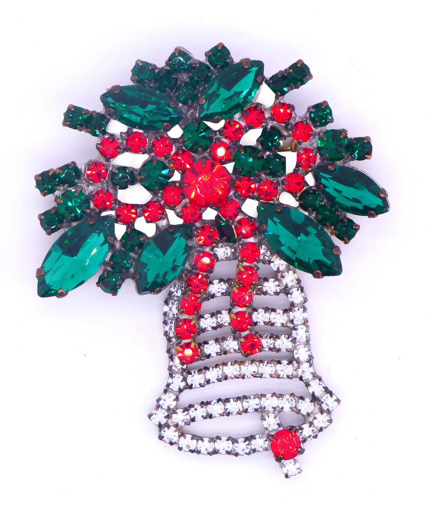 Rhinestone Czech Glass Christmas Bell Brooch