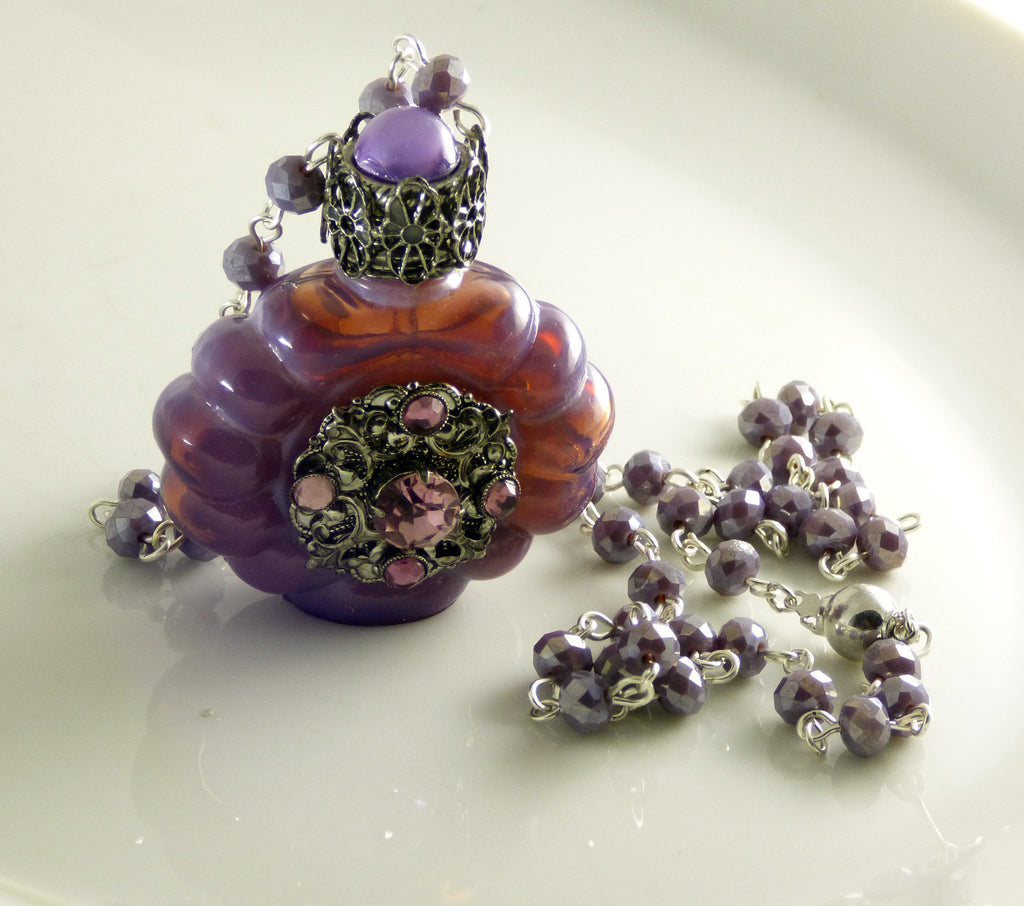 Vintage Czech Glass Perfume Bottle Necklace, Opalescent Lavender, Purple Rhinestones