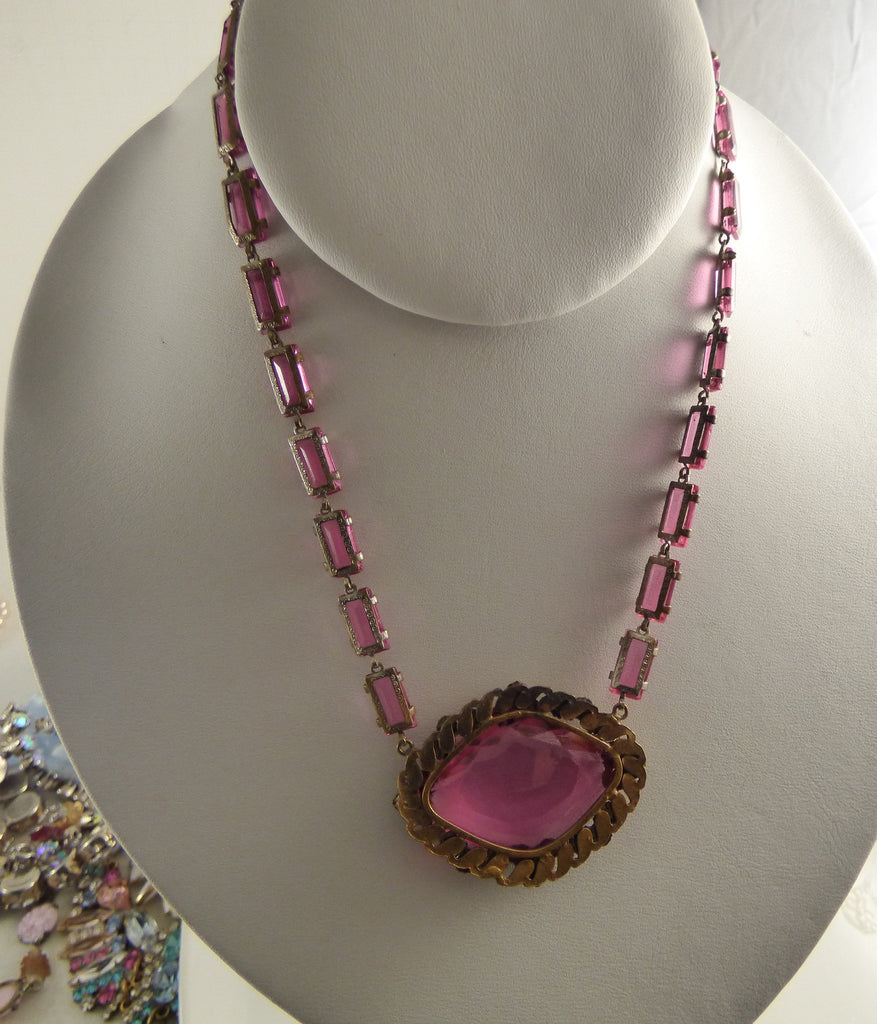 Art Deco Czech pink glass necklace and earring set, pierced earrings - Vintage Lane Jewelry