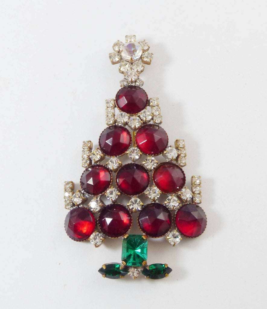 Czech Glass Red Round Glass and Rhinestone Husar D. Christmas Tree Pin, X-mas pin, Holiday Brooch