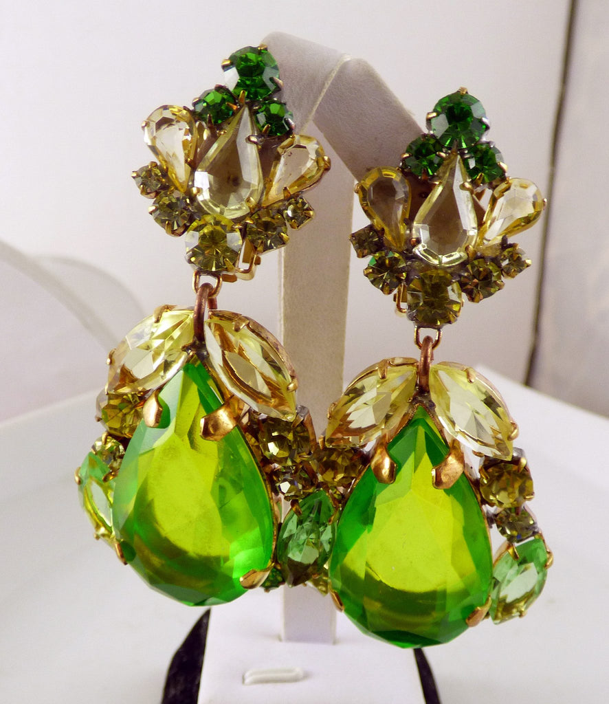 Green Czech Glass Dangling Clip Earrings