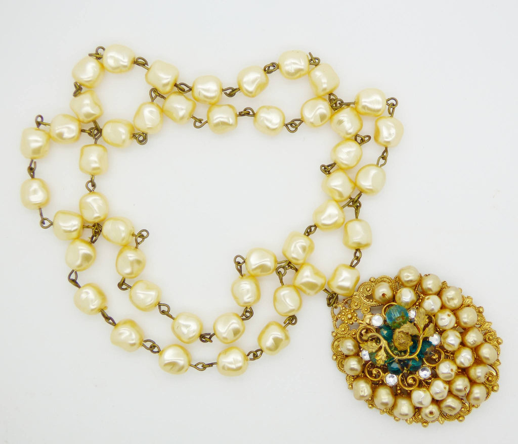Early Miriam Haskell Baroque Glass Pearl Filigree Pendant Necklace - Vintage Lane Jewelry