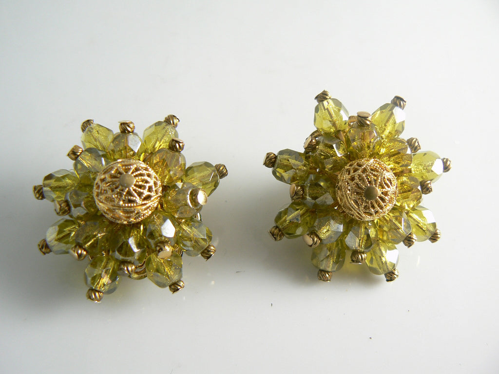Stunning Hobe Green Crystal And Gold Mesh Bracelet Earring Set - Vintage Lane Jewelry