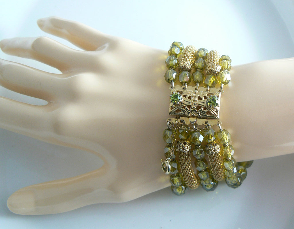 Stunning Hobe Green Crystal And Gold Mesh Bracelet Earring Set - Vintage Lane Jewelry