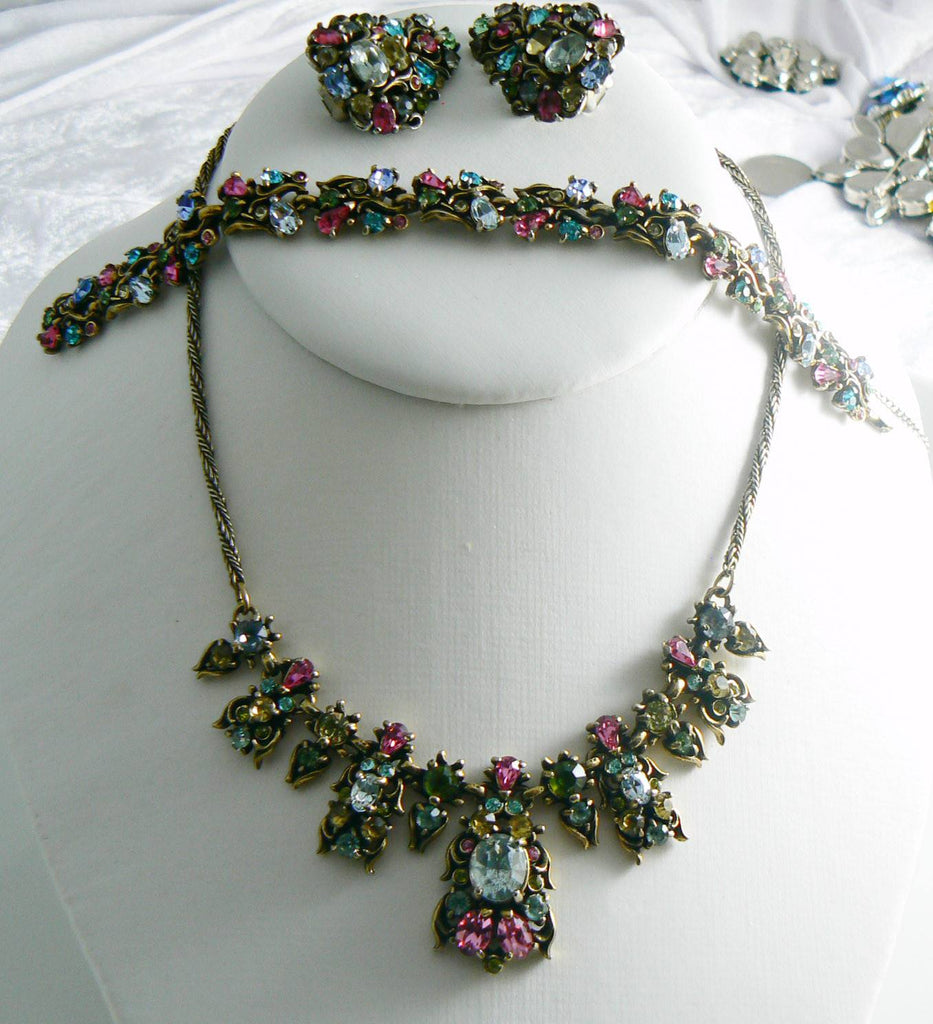 Hollycraft Classic Pastel Rhinestone Parure Fruit Salad - Vintage Lane Jewelry