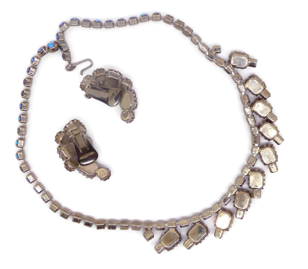 Vintage Saphiret and AB Rhinestone Necklace and Clip Earrings - Vintage Lane Jewelry