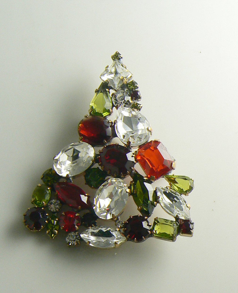 Czech Glass Mixed Rhinestone Christmas Tree Brooch, Xmas Pin