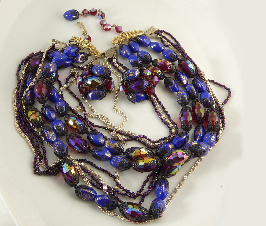Vintage Signed Hobe AB Carnival Blue Art Glass Necklace Clip Earring Set