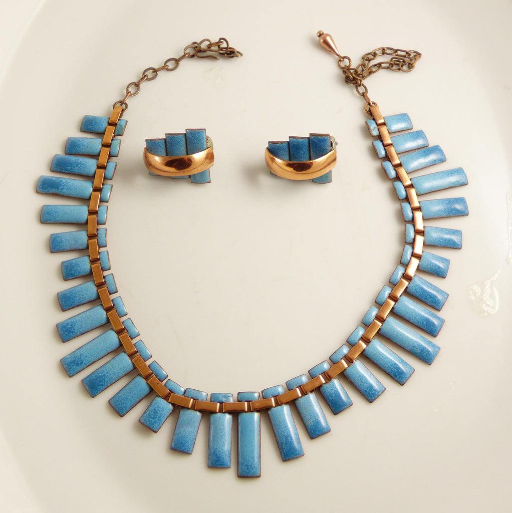 Matisse Renoir Blue Copper Enamel Peter Pan Necklace and clip earring set