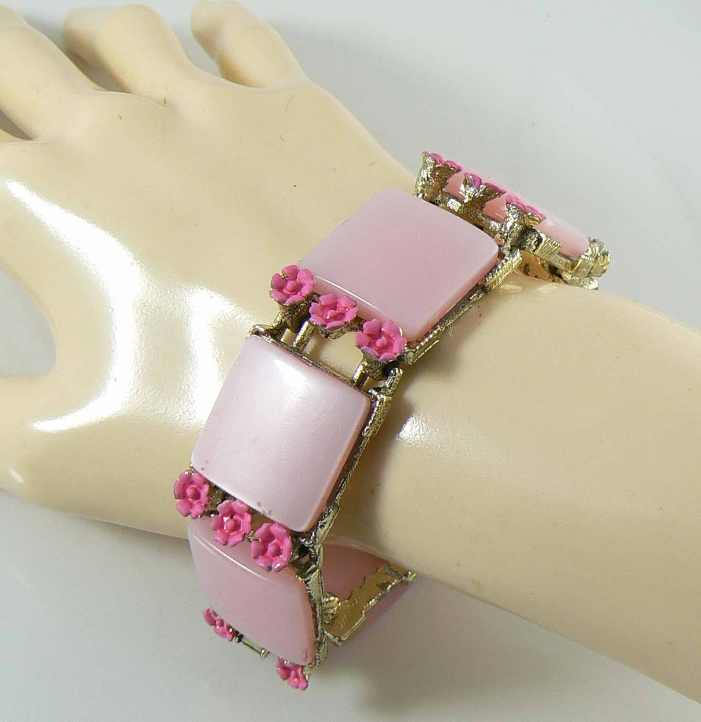 Vintage Pink Thermoset & Enamel Flower Bracelet