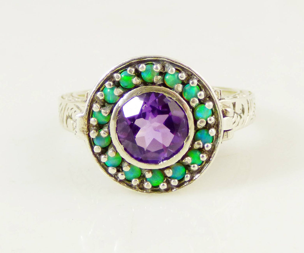 Natural Amethyst and Opal Sterling Silver Poison Pill Box Ring