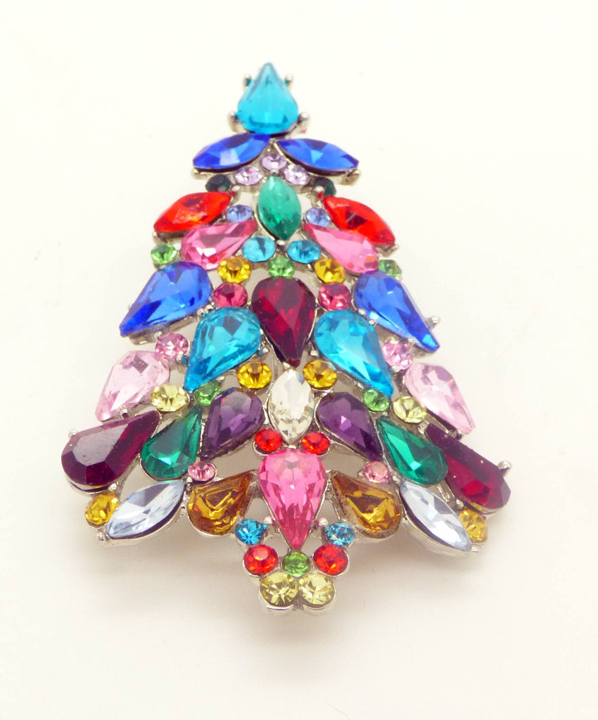 Rhinestone Multicolored Glass Christmas Tree Pin, Holiday Brooch, X-mas Pin
