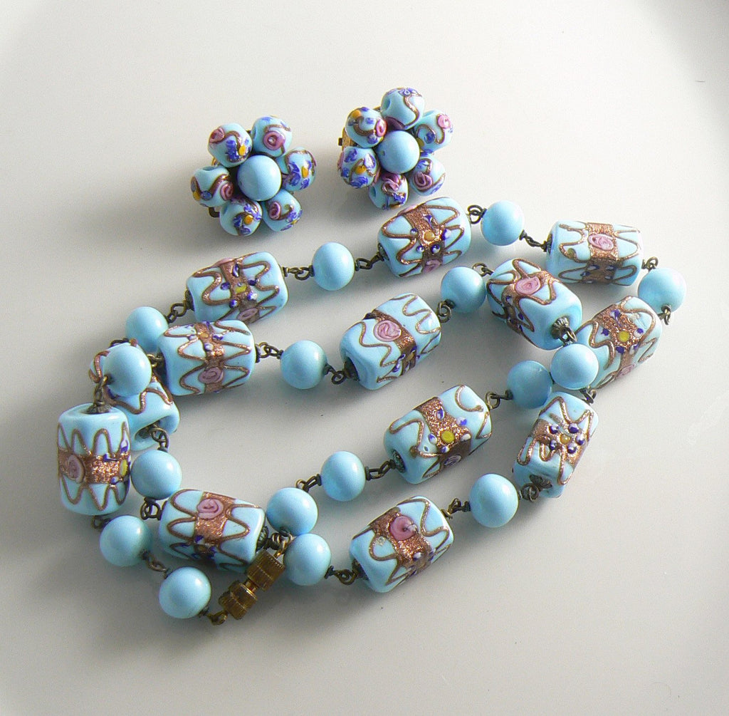 Venetian Wedding Cake Aqua Blue Necklace Earring Set