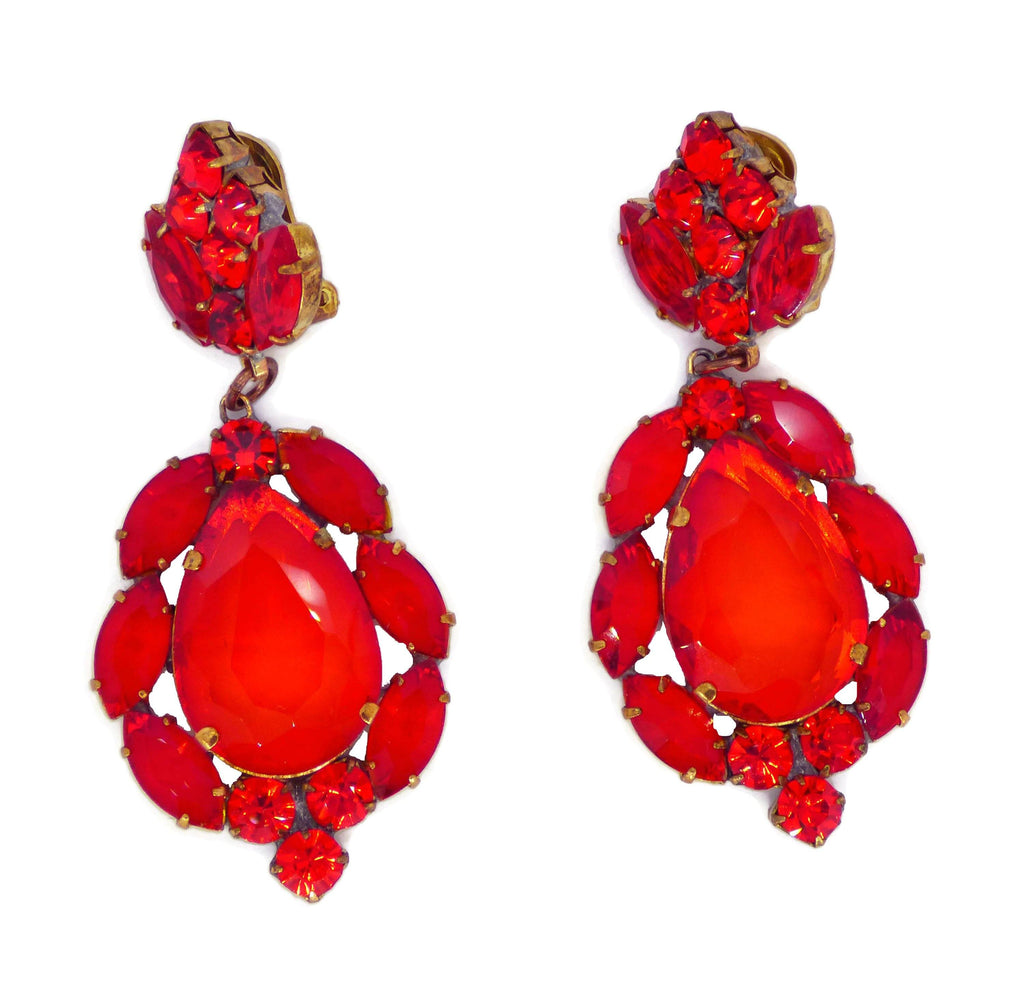 Red Czech Glass Huge Dangling Pierced Style Earrings