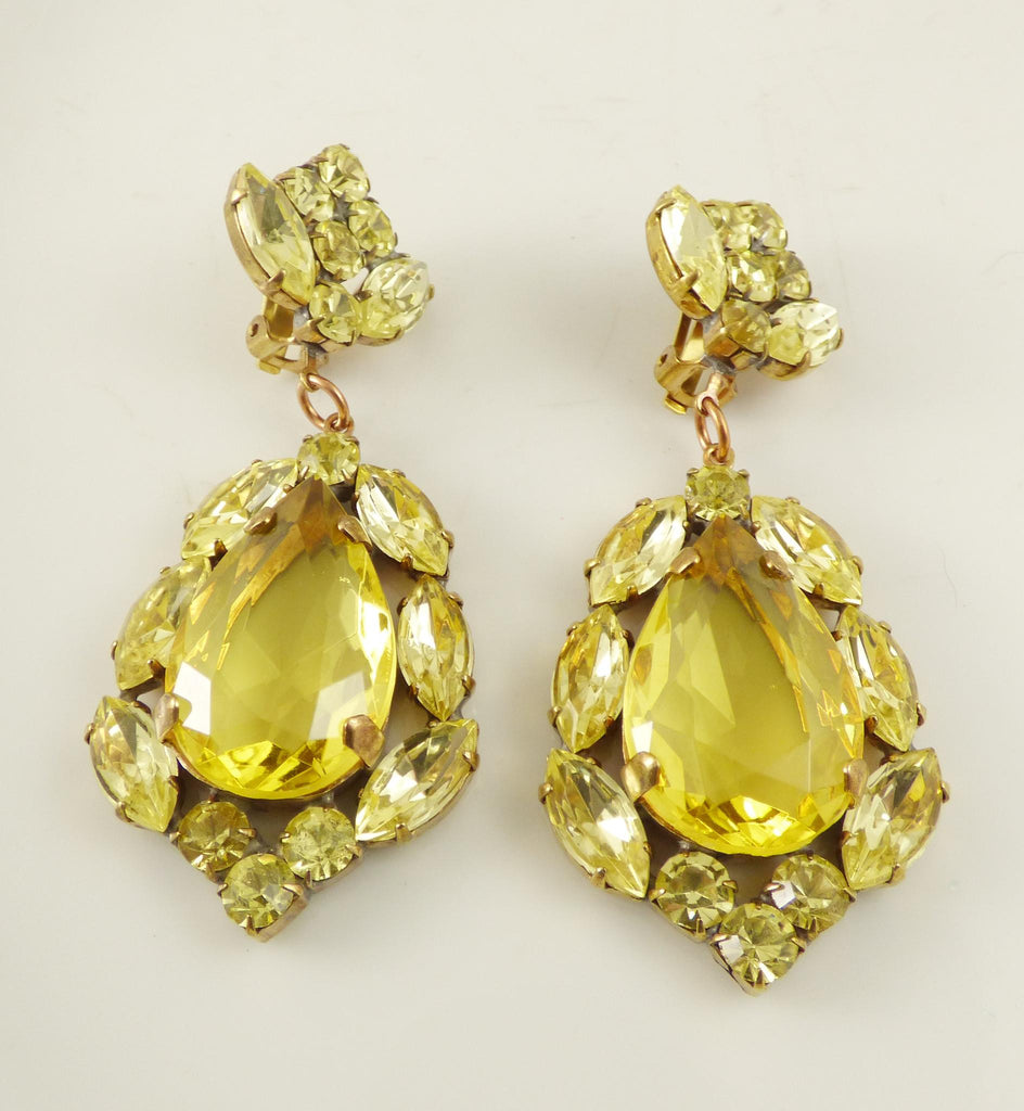 Yellow Czech Glass Huge Dangling Clip Earrings