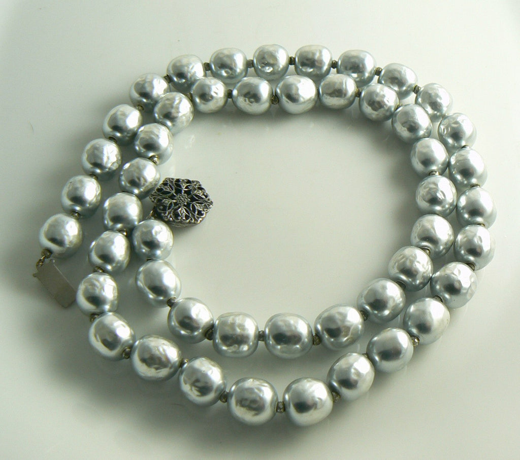 Miriam Haskell Silver Baroque Glass Pearl Necklace