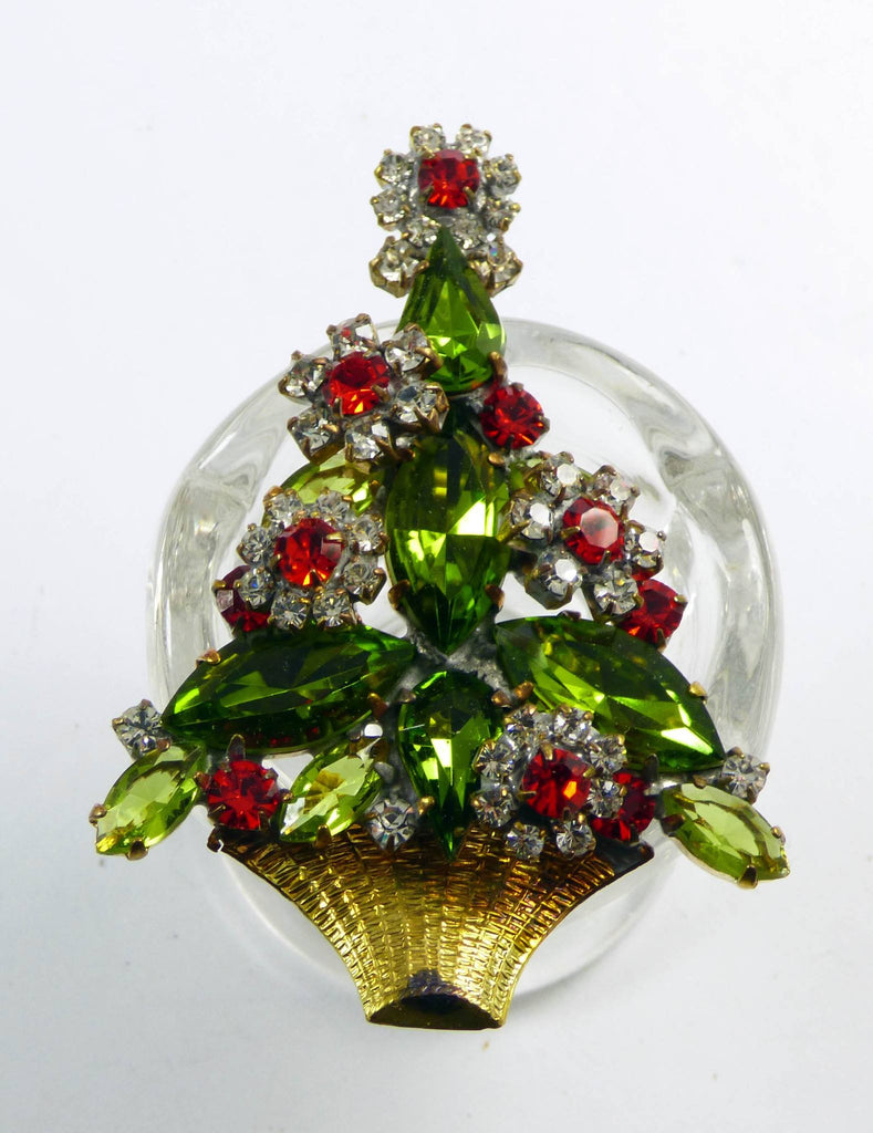 Czech Glass Christmas Flower Potted Tree Pin, xmas pin. holiday brooch