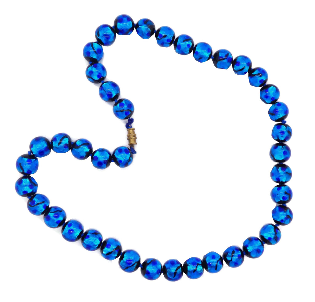 Art Deco Peacock Blue and Black Foil Art Glass Necklace - Vintage Lane Jewelry