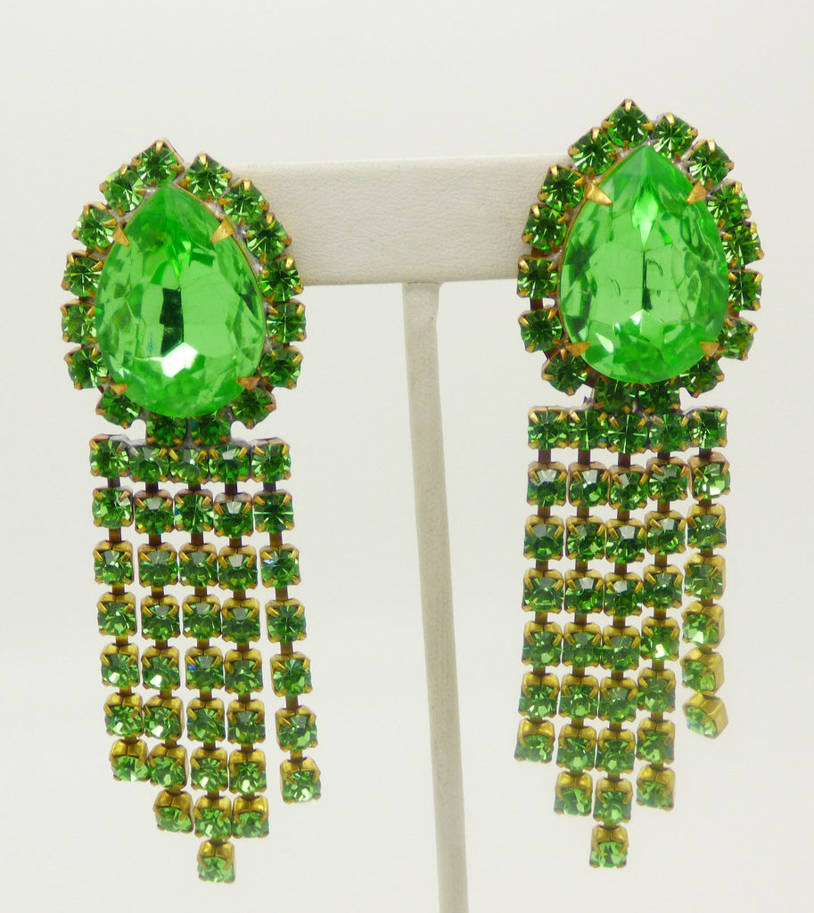 Bright Green Czech Glass Rhinestone Statement Necklace and Matching Clip Earrings - Vintage Lane Jewelry