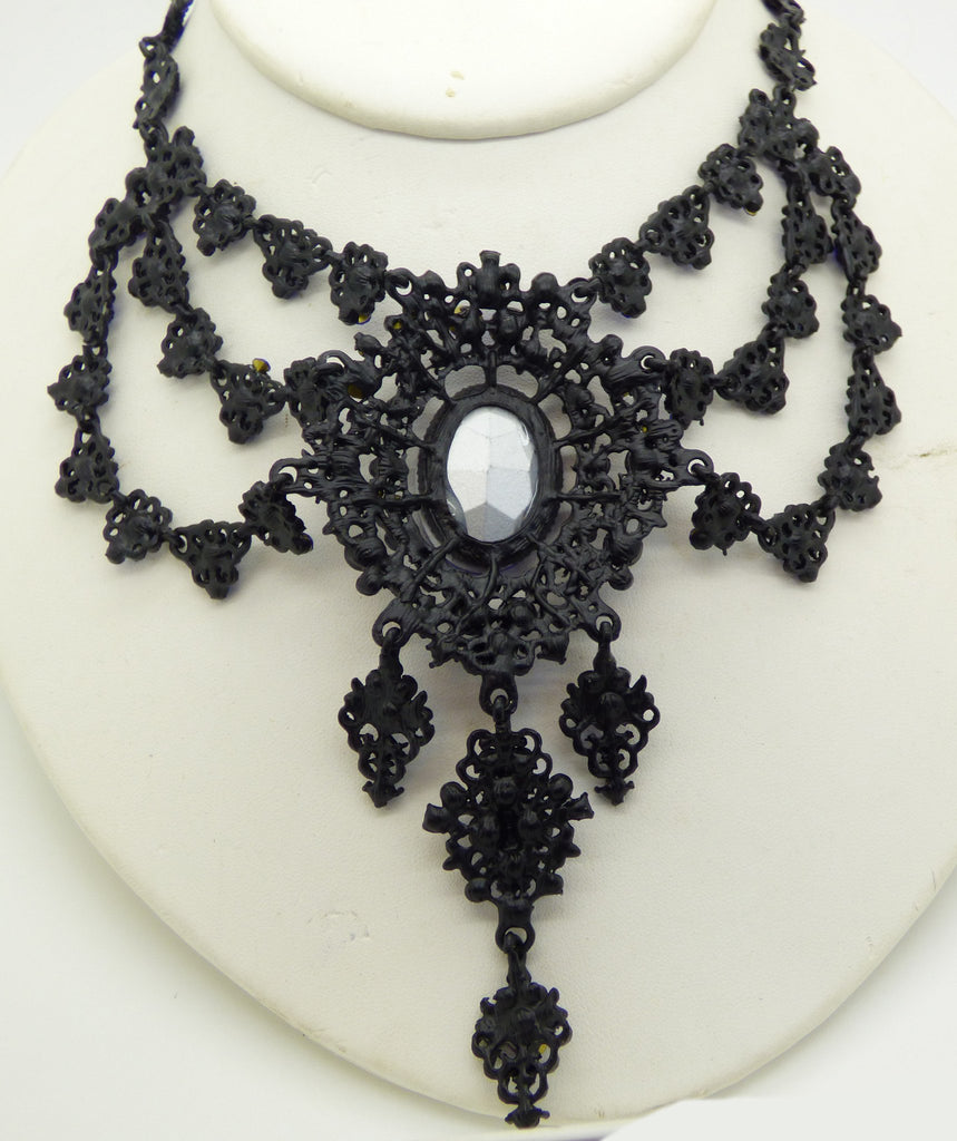 Cobalt Blue Rhinestone Black Gun Metal Statement Lavalier Necklace - Vintage Lane Jewelry