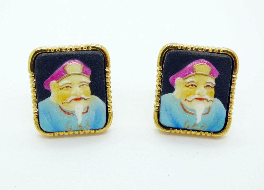 Chinese Emperor Portrait on Porcelain and Enamel Gold Tone Cufflinks, Cuff Links