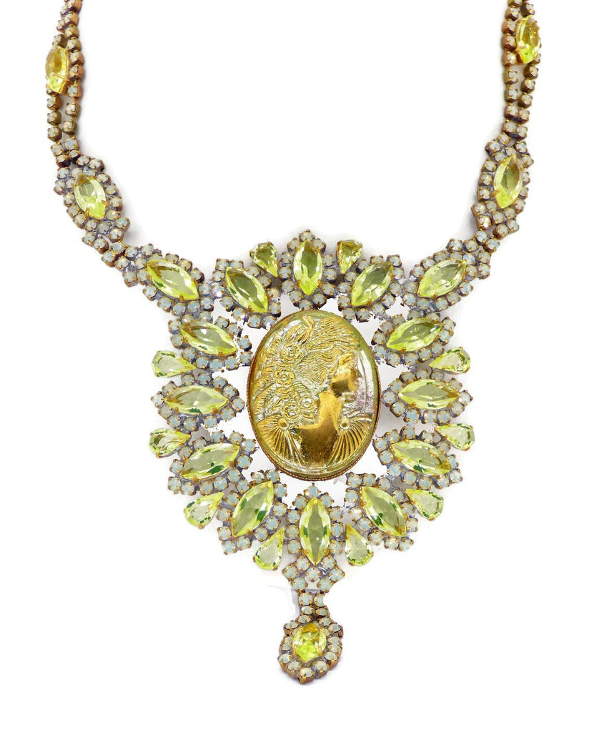 Vaseline Uranium Cameo Pendant Necklace, Czech Glass