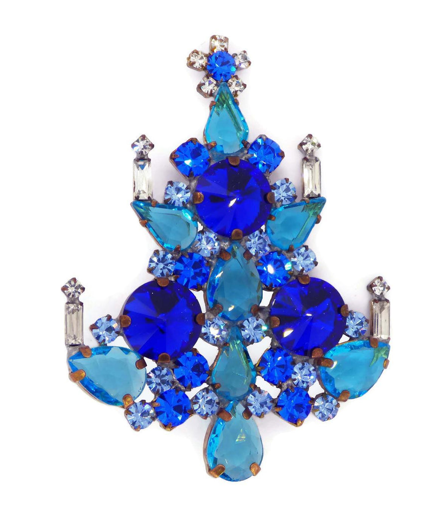 Blue Rhinestone Christmas Tree Brooch