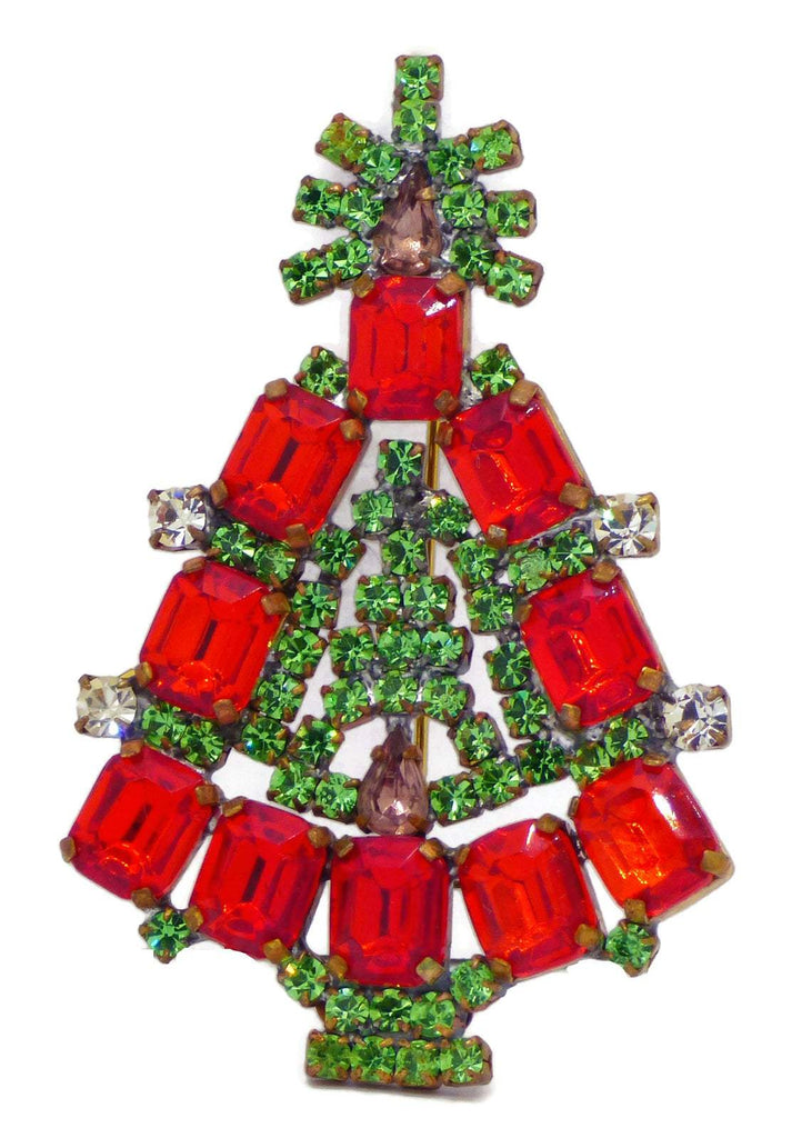 Czech Glass Red Rhinestone Husar D. Signed Christmas Tree Pin, X-mas pin, Holiday Brooch